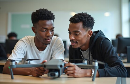 Two male high school students study drone in a classroom. Black teenagers learn robotics engineering programming skills. STEM education tech class in progress. Drones tech future.