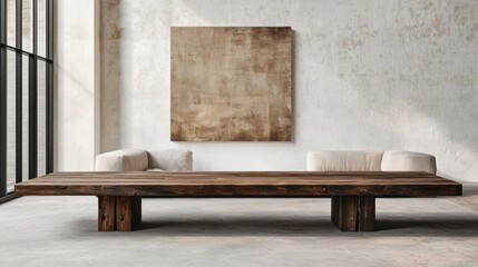 Large, rustic wooden coffee table in modern interior.