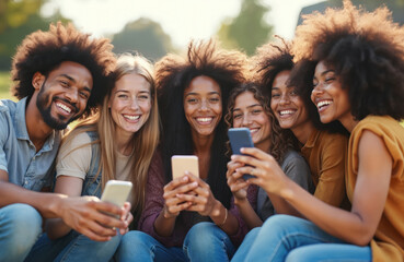 Obraz premium Group of diverse young friends take mobile selfie photo together outdoors. Multiracial Generation Z people embracing smiling at cell phone for holiday picture on sunny day. Happy faces enjoying