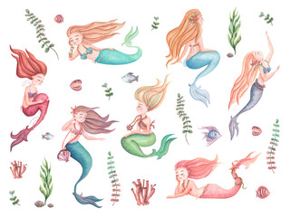 Hand drawn watercolor large set of cute mermaids. Children's illustration with beautiful princesses. Seaweed, fish, corals, sea underwater life.