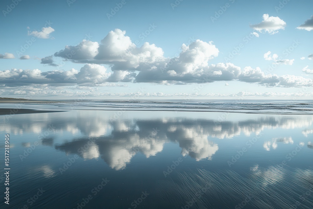 Poster cloud reflections create a serene landscape on the calm ocean surface during a tranquil afternoon at