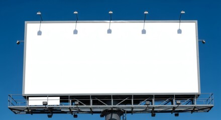 Mockup blank white billboard against a bright blue sky with metal support structure and lights above