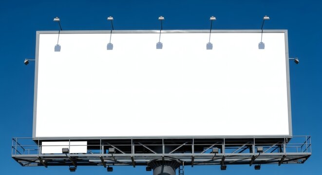 Mockup blank white billboard against a bright blue sky with metal support structure and lights above
