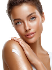 Beautiful woman with glowing skin applying body lotion
