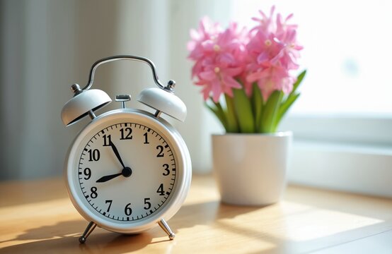 White alarm clock, pink hyacinth flowers on wooden table, Springtime concept. Daylight saving time, time change, springtime, home gardening, leisure. Sunny day, morning, awakening concept.