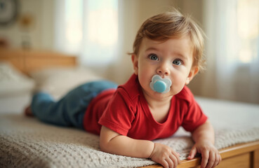 Adorable baby boy lying on bed with pacifier. Happy infant with blue eyes looking at camera, smiling face, small child wearing red shirt. Cute little boy portrait indoor.