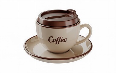 A coffee cup with the word coffee on it and a brown lid sitting on a saucer plate