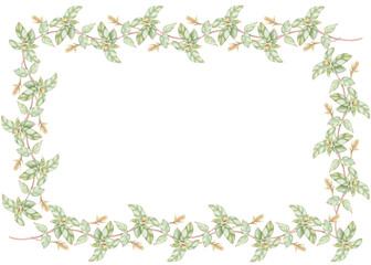 Rectangular frame with honeysuckle leaves. Hand-drawn watercolor natural frame of lush plants. Perfect for wedding invitations, botanical prints, minimalist home decor, romantic greeting cards. High