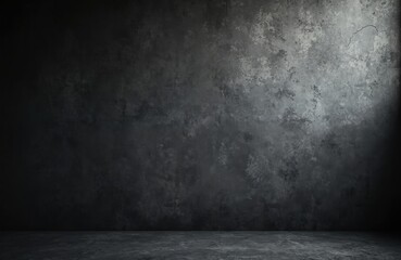 Dark gray concrete wall, textured background with grunge, cracked effect. Rough surface of industrial interior. Blank concrete wall, cement floor, studio room with copy space for text, design.