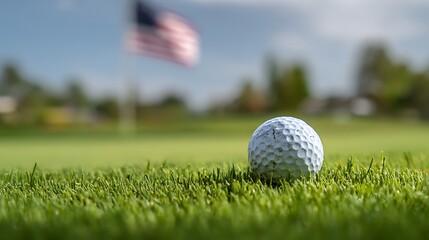Obraz premium Close-Up of a Golf Ball on Lush Green Grass with a Flag in the Background on Golf Course .