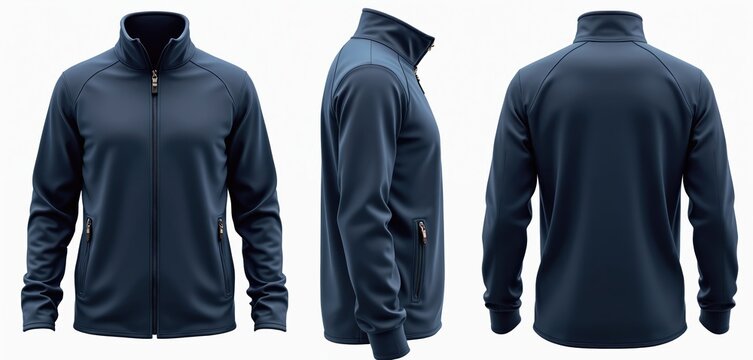 Navy jacket fleece mockup design presentation print. 3D illustration of wear apparel garment. Three views. Zip closure pockets. Casual wear style clothes for cold weather.