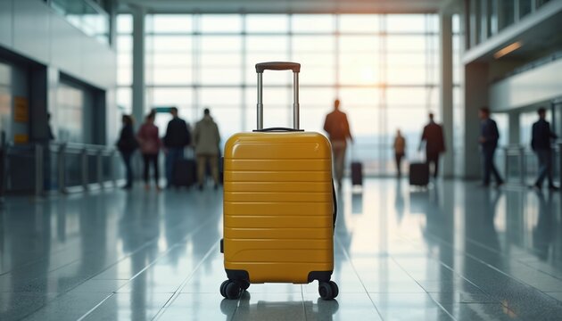 Yellow suitcase stands alone airport terminal. Baggage luggage travel concept. Abandoned travel bag at airport, passenger lost personal item. Travel, holiday, vacation, adventure concept. Nobody