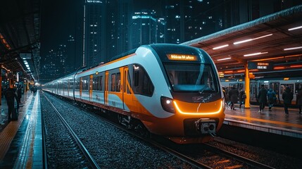 Naklejka premium Night train arriving city station, commuters