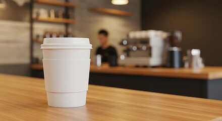 Coffee cup mockup with blank sleeve on a wooden counter in a trendy caf&eacute; &mdash; background softly blurred