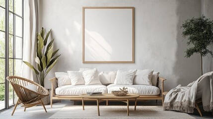 mock up poster frame in modern interior background interior space living room Contemporary style 3D render 3D illustration