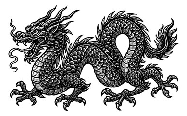 Detailed Black and White Engraving of a Chinese Dragon with Scales and Claws