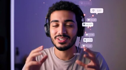 Young man wearing headphones engaging with virtual audience, displaying social media interactions - Powered by Adobe