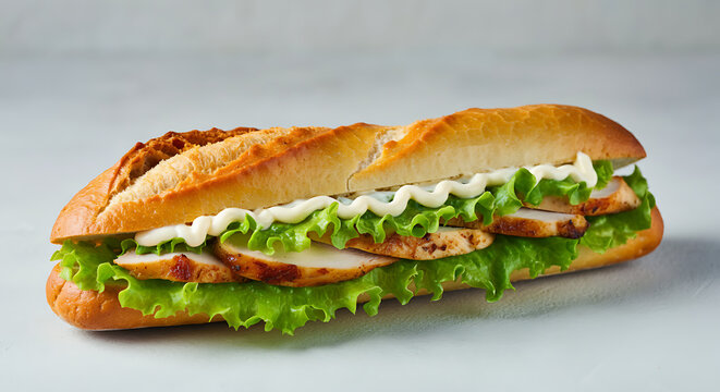 Roasted Chicken Baguette | Baguette sandwich with roasted chicken, lettuce and mayo 