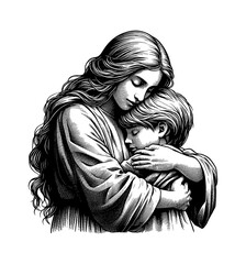 Mother and Child Embracing in Black and White Detailed Engraving Illustration Art Style
