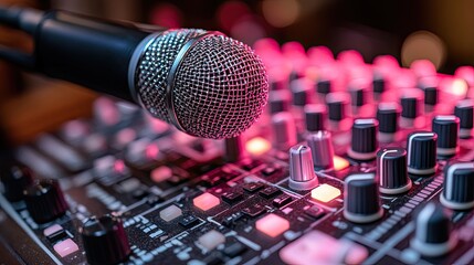 Microphone over audio mixer at night