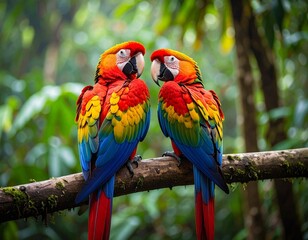 Fototapeta premium Two tropical parrots sitting on a branch in a vibrant rainforest, showcasing vivid feathers and natural beauty.