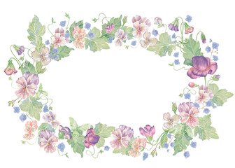 Violets flowers and forget-me-nots. Watercolor clipart illustration of oval frame flower composition on white background. For invitations, postcards, business cards. Decorating cups, dishes, etc. High