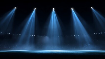 Spotlights on stadium for soccer or football games, sport arena or concert stage at night. Projectors and lamps with blue light beams isolated on black background, vector .