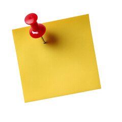Yellow sticky note with red push pin, isolated on white background