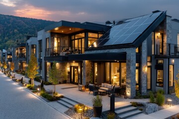 Obraz premium The image shows a row of modern houses with rooftop solar panels. A potted plant and outdoor furniture are visible on the sunny rooftop.