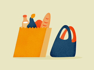 Grocery bag filled with food items beside reusable bag
