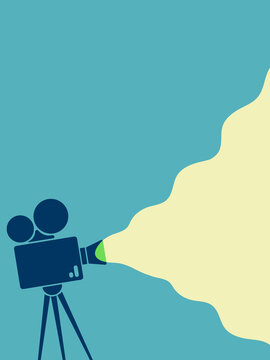 Film camera projecting bright yellow light in studio. Illustration.