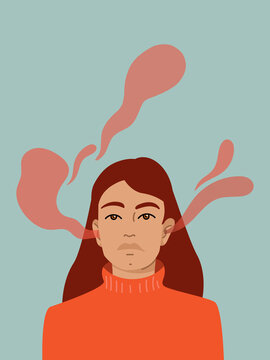 Cartoon of woman with red smoke emerging from ears