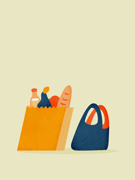 Paper bag filled with food items in studio