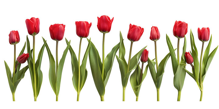 Row of red tulips with green leaves, isolated on white background
