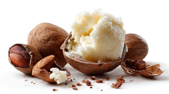 Shea butter in cracked nuts on white background .