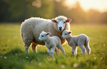 Fototapeta premium Mother sheep with two twin lambs in springtime. Tender moment between mum and babies in green field. Family of cute farm animals graze in fresh grass at sunny day. Rural scene.
