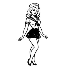 Fototapeta premium Smiling Woman in Sailor Outfit Standing in Pinup Style Black and White Illustration