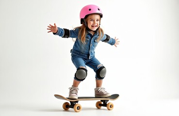 Happy little girl rides skateboard wearing helmet knee elbow pads. Cute child smiles, practices skateboarding, showing extreme sport skills. Studio shot, white background, active kid, sport, safety