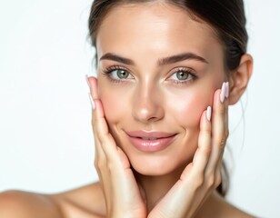 Beautiful woman with healthy skin and manicure. Natural makeup, beauty portrait. Happy face, soft skin, perfect nails. Female model touching her face. Clean skin spa treatment, cosmetic beauty.