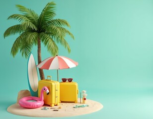Obraz premium Summer vacation concept with yellow luggage beach accessories umbrella palm tree on sand. Surfboard pink flamingo float, sunglasses. Tropical paradise travel, journey, holiday season.