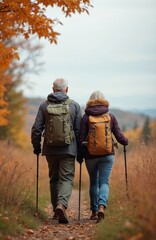 Active senior couple hiking together nature on autumn day. Man, woman hike on trail with backpacks, walking poles. Retirement travel lifestyle in fall forest. Happy people enjoy outdoor adventure,