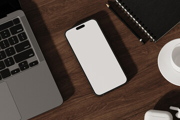 Mobile phone with blank white screen mock up on the table