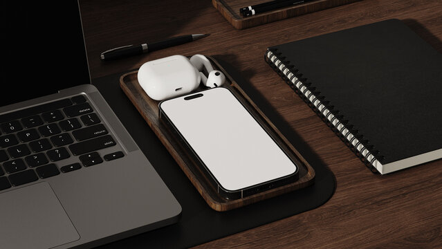 Mobile phone white screen mockup on the office desk