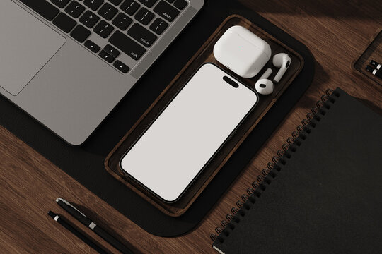Mobile phone white screen mockup on the office desk