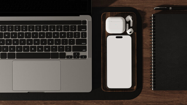 Top view of cellphone mock-up with blank white screen
