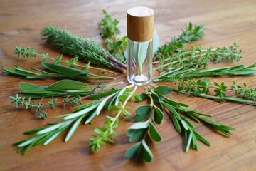 Glass Bottle with Wooden Cap Surrounded by Fresh Green Herbs, Wooden Table Background, Natural Essential Oil Concept, Organic Skincare and Aromatherapy