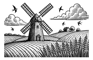 Windmill with Field, House, Clouds and Birds Black and White Detailed Woodcut Style Illustration