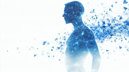 A blue, geometric outline of a man's upper body stands out against a white background. 