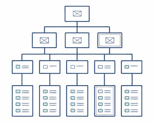 Create a bold, vector illustration depicting a simplified company organizational chart; strong lines, clear hierarchy.