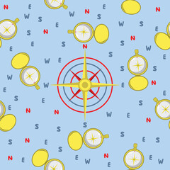 Cute cartoon seamless pattern with compass and cardinal directions on blue background